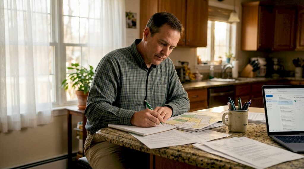 NJ landowner sorting property documents at table