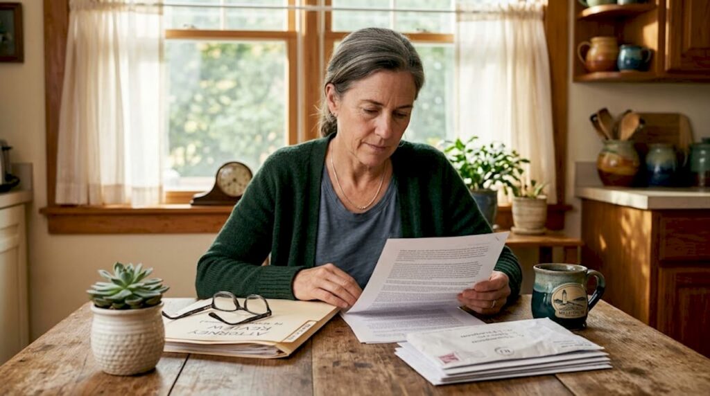 Woman reviews land sale documents at home