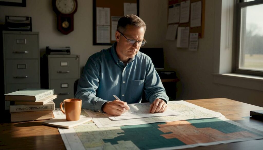 Planner reviewing subdivision maps at office desk